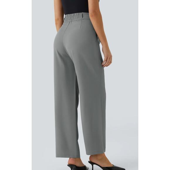 Halara Large Petite High Waist Button Front Shirred Straight Leg Work Pants - Picture 8 of 10